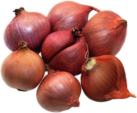 Group of small red shallot onions isolated on white